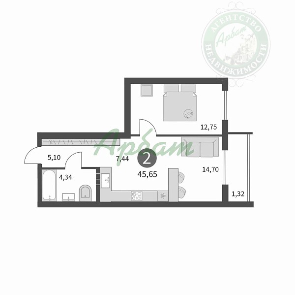 1-к квартира в новостройке, 46 кв.м. (№13180)