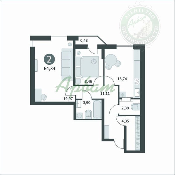 2-к квартира в новостройке, 64 кв.м. (№12469)