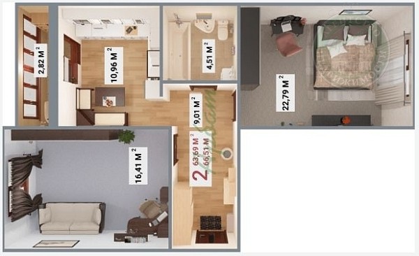 2-к квартира, 60 кв.м. (№14039)