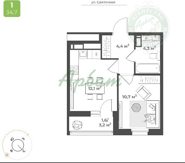 1-к квартира в новостройке, 35 кв.м. (№14411)