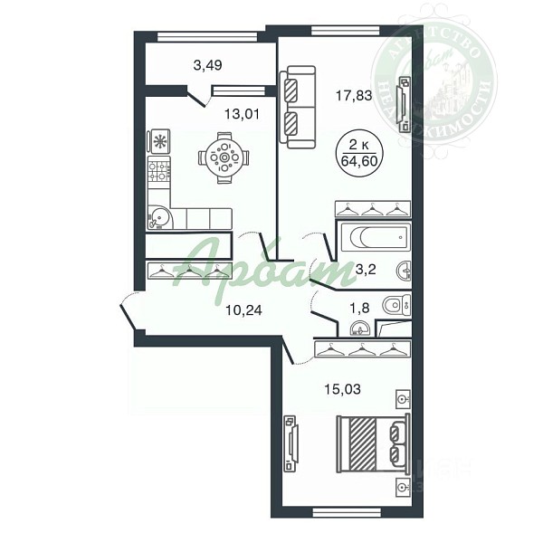 2-к квартира в новостройке, 65 кв.м. (№13797)