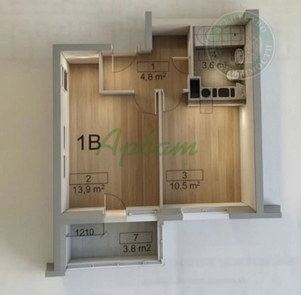 1-к квартира, 36 кв.м. (№14983)