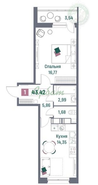 1-к квартира, 43 кв.м. (№14471)