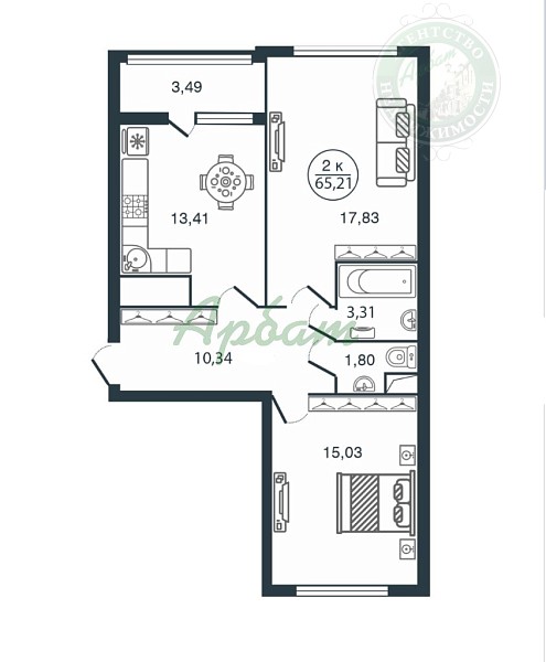 2-к квартира в новостройке, 65 кв.м. (№13759)