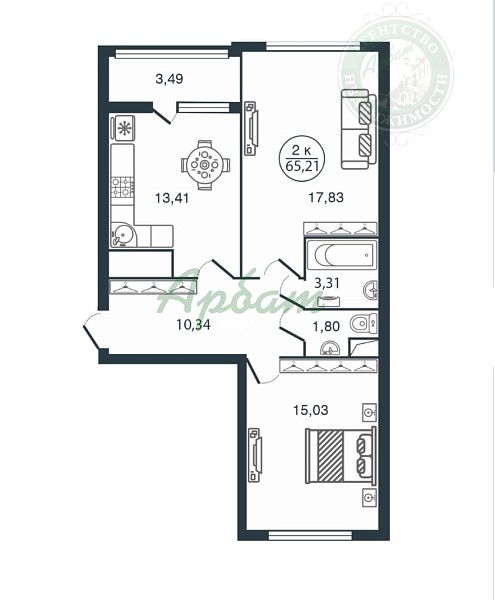 2-к квартира в новостройке, 65 кв.м. (№13077)