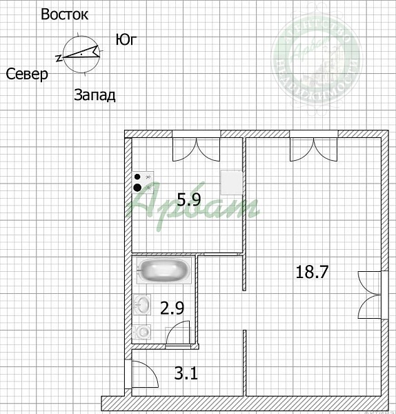 1-к квартира, 32 кв.м. (№15006)