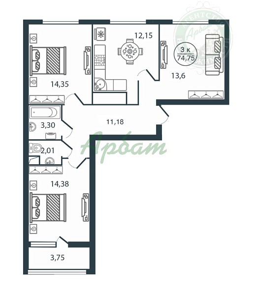 3-к квартира в новостройке, 74 кв.м. (№13194)